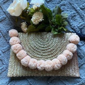 FRANCESCA’s Large Pom Pom Straw Clutch Bag
